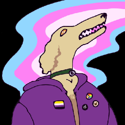 a portrait of a human-like figure with a head of a yellow dog that has an open toothy snout turned to the right with one visible eye reflecting fire. it is wearing a green collar with a metal tag reading 'B' and a purple hoodie with round pins (progress queer flag, anarchist symbol, cat) and a square non-binary flag patch. from behind its back come the wobbly transgender flag that disappears into the upper right corner of the image.